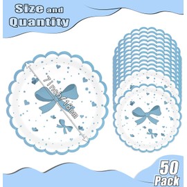 HEIPINIUYE 50 Pieces Light Blue Bow Paper Plates 7 Inch Blue Scalloped Plates Disposable Dinner Plate for Wedding Baby Shower Birthday Party Dessert Plate