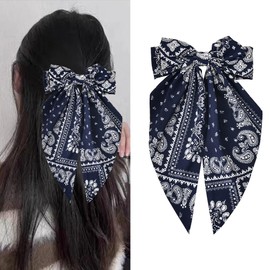 Paisley Silky Satin Bandana Long Ribbon Hair Barrettes: Large French Clips for Girls and Women - Navy Blue