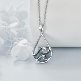 YFN Ocean Wave Necklace Sterling Silver Turquoise Pendant Beach Jewellery Summer Theme Gifts for Women Girls