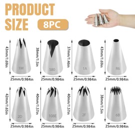 Spritztüllen, 8 Stück, 25 mm, Spritztüllen, wiederverwendbar, Tüllen aus Edelstahl, für die Dekoration von Gebäck, Cupcakes, Muffins, Torte, Kekse (1 m, 2D, 1 A, 6B, 580, 108E, 2F, R6)