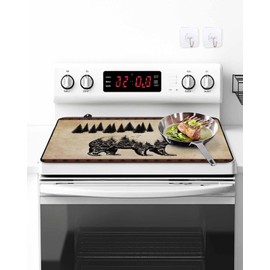 Stove Top Cover Vintage Black Bear Pine Tree Stove Cover for Electric Stove Top Retro Rustic Animal Glass Cooktop Covers Anti-Slip Mat Heat Resistant Countertop Protector Kitchen Decor 28.5"x20.5"