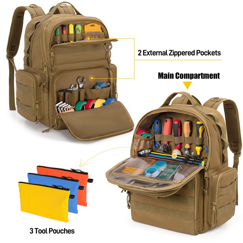 Rexmica Tool Bag Backpack for Men with 3 Tool Pouches,