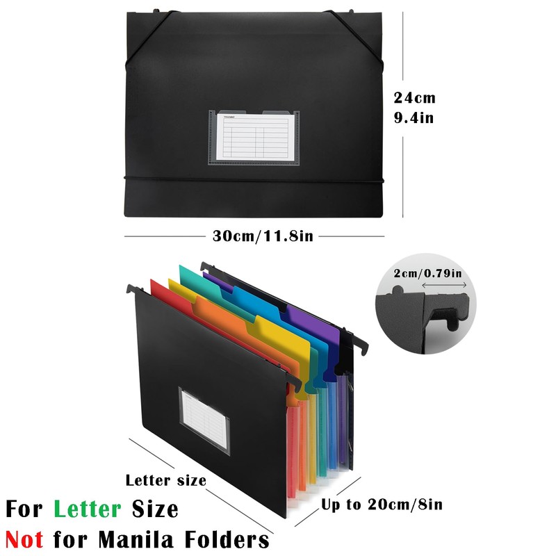 TRANBO 7-Pockets Hanging File Folder with Retractable Hooks for Filing