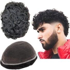 Toupee for Men Human Hairpiece Mens Toupee with Soft Fine Swiss Lace Hair Units Curly Wave Mens Wigs Toupee Human Replacement System 10" x 8" (#1B Off Black)