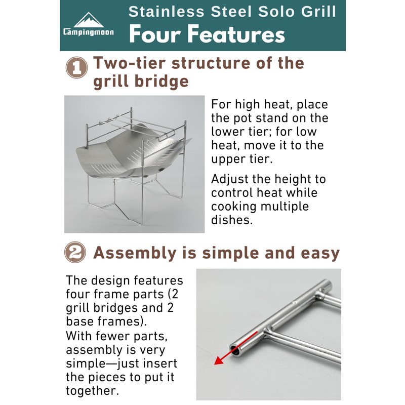 CAMPINGMOON Solo Grill A4 Type Stainless Steel Campfire Stand SOLO-A4