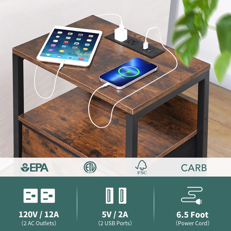 Yoobure Nightstand with Charging Station, Small Night Stand with Fabric