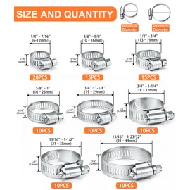 100PCS Hose Clamps, Camtek Stainless Steel Adjustable 6-44mm Range Worm Gear Hose Clamp Duct Clamp Pipe Clamp Fuel Line Clamp for Plumbing, Automotive and Mechanical Applications Assortment Kit