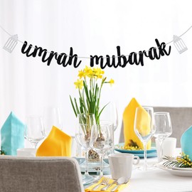 Umrah Mubarak Banner, Eid Festival Bunting Sign, Eid Mubarak, Muslim Ramadan Party Decorations Black Glitter