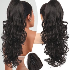 Ponytail Extension 24 Inch Claw Clip in Ponytail Extension for Women Long Curly Wavy Dark Brown Fluffy Hairpiece for Women Daily Party Use:_Light Brown with Highlights