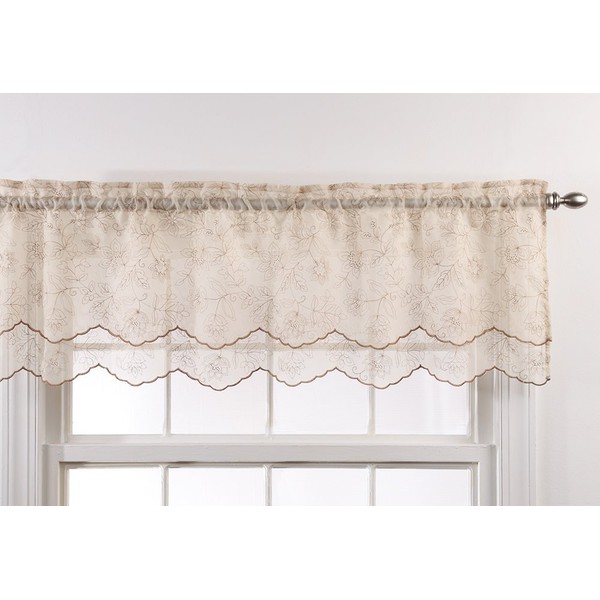Stylemaster Renaissance Home Fashion Reese Embroidered Sheer Layered Scalloped Valance, 55-Inch by 17-Inch, Bisque