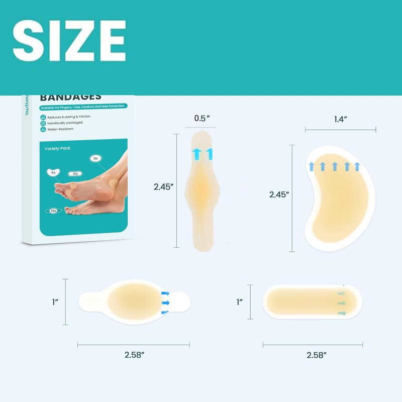 足指保護12パック - キズパワーパッド、足首保護パッド、ブリスタージェルパッド、三日月形ヒール包帯、ヒールブリスター防止