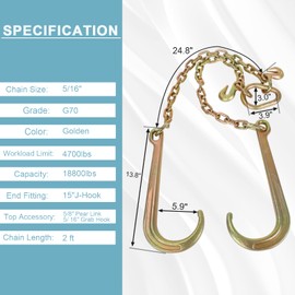 BLACKHORSE-RACING 5/16''x2' G70 J Hook Tow Chain V Bridle with Large Shank J Hooks and Grab Hooks,Flatbed Truck Trailer Safety Tow Chain 4700 lbs Working Load Limit