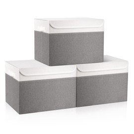 Bagnizer Large 17" 42 Quarts Collapsible Stackable Storage Bins with Lids [3-Pack] Foldable Fabric Linen Storage Boxes Cube, Closet Organizer Baskets with Label (16.7 x 12 x 12, Gray & White)