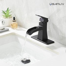 Sanliv Black Waterfall Bathroom Faucet, One-Handle Bathroom Faucets for Sink 1 or 3 Hole, Matte Black Vanity Faucet, Single Hole Restroom Sink Faucet with Pop Up Drain