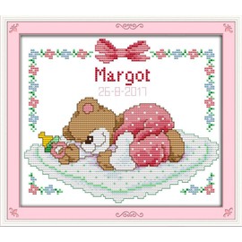 CaptainCrafts Cross Stitch Kits Stamped Cross Stitch Preprinted Fabric DIY Art Embroidery Kits Needlework Crafts (Preprinted 11CT, Sleeping Baby Pink Bear)