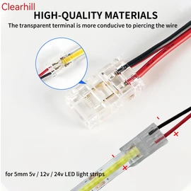 Clearhill 5mm 2Pin 20Pcs Transparent Solderless LED Light Strip Connectors,Strip to Wire Connectors,for Single Color 5V/12V/24V LED Strips,No Soldering Required.
