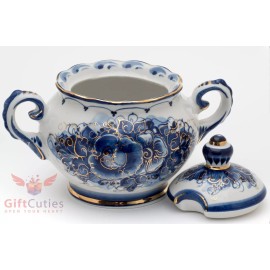 Porcelain Gzhel sugar bowl box server gold plated handmade in Russia