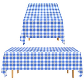 Gatherfun 3PCS Blue and White Gingham Checkered Tablecloth 54X108Inch Disposable Waterproof Table Cover with Gold Stamping for Picnic Birthday Easter July 4th Graduation Baby shower