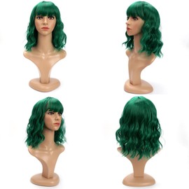 Leuik Bob Wig for Women|Synthetic Bob Wig With Bangs for Daily Use|Short Wig Curly Wig for Women (Green)