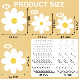 30 PCS Daisy Flower Hanging Swirls White Daisy Foil Swirls Ceiling Hanging Decorations Boho Daisy Flowers Swirls Streamers for Boho Groovy Spring Flower Birthday Party Baby Shower Supplies