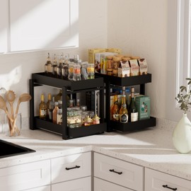 APRTAT 2 Pack Under Sink Organizer, Bamboo Wooden 2-Tier Pull-Out Storage with Sliding Drawers for Kitchen and Bathroom Cabinets, Easy Installation (Black, 2 Packs)