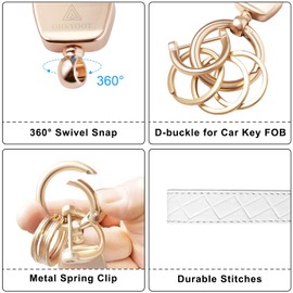 OHKYOOT Leather Wristlet Keychain,Wallet Keychain Car Key Chain with 3 Key Ring,Anti-Lost D Ring and Mini Wallet (White)