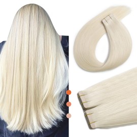 XDhair Tape Extensions Real Hair Platinum Blonde 20 Pieces 50 g 35 cm Platinum Blonde Hair Extensions Real Hair Blonde Remy Real Hair Extensions Silky Straight Tape Ins (#60-14)