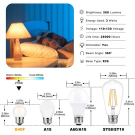 Sphoon Dimmable LED 3W Small Light Bulb, 25w Equivalent E26 Standard Screw Base, G40 Soft Warm White 2700K 260lm Frosted Lights Bulb for Bathroom, Bedroom, Table Lamp Bulb, Bedside Accent Pack of 6