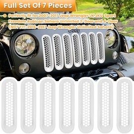 7PCS Front Grill Mesh Inserts for Jeep Wrangler JK JKU Unlimited 2007 2008 2009 2010 2011 2012 2013 2014 2015 2016 2017 2018 Grille Guard Cover Trim Clip-in Exterior Accessories (Matte White)