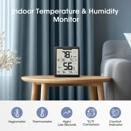 DOQAUS Upgraded Digital Hygrometer Room Thermometer Indoor, Humidity Meter with Large LCD Display, Temperature Humidity Monitor with Max Min Records, Black