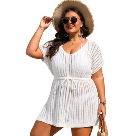 Talisea Plus Size Swimsuit Cover Up for Women White Crochet Beach Romper Knit Bathing Suit Short Sleeve Swimwear Coverup Dress