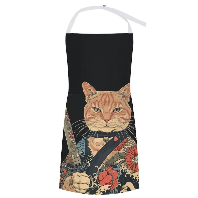 GTABVECT Japanese Samurai Cat Aprons Adjustable Aprons with Pockets Cooking