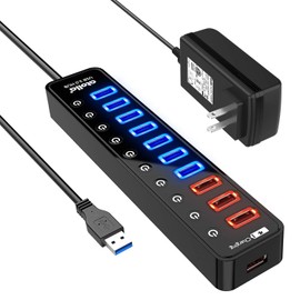 Powered USB 3.0 Hub, USB 3.0 Data Hub 11 Ports - 7 USB 3.0 Data Ports + 4 Smart Charging Port with Individual On/Off Switches and 12V/4A Power Adapter USB Hub 3.0 Splitter
