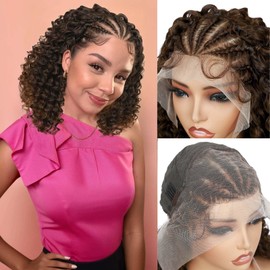 WIGER Braided Wigs for Black Women Curly Bob Lace Front Wig Glueless Knotless Curly Lace Frontal Hair Wig with Baby Hair Ombre Brown 13X4 Transparent HD Lace Synthetic Water Wave Wig