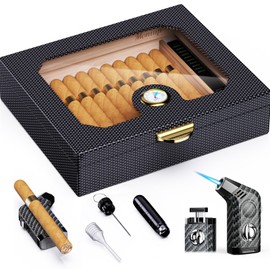 Cigar Humidor, Cedarwood Lined, with V-Cut Cigar Torch Lighter, Draw Enhancer & Punch 2-in-1 Tool, Hygrometer, Humidifier, Desktop Humidor Cigar Box for 20-25 Cigars, Cigar Accessories Gifts for Men