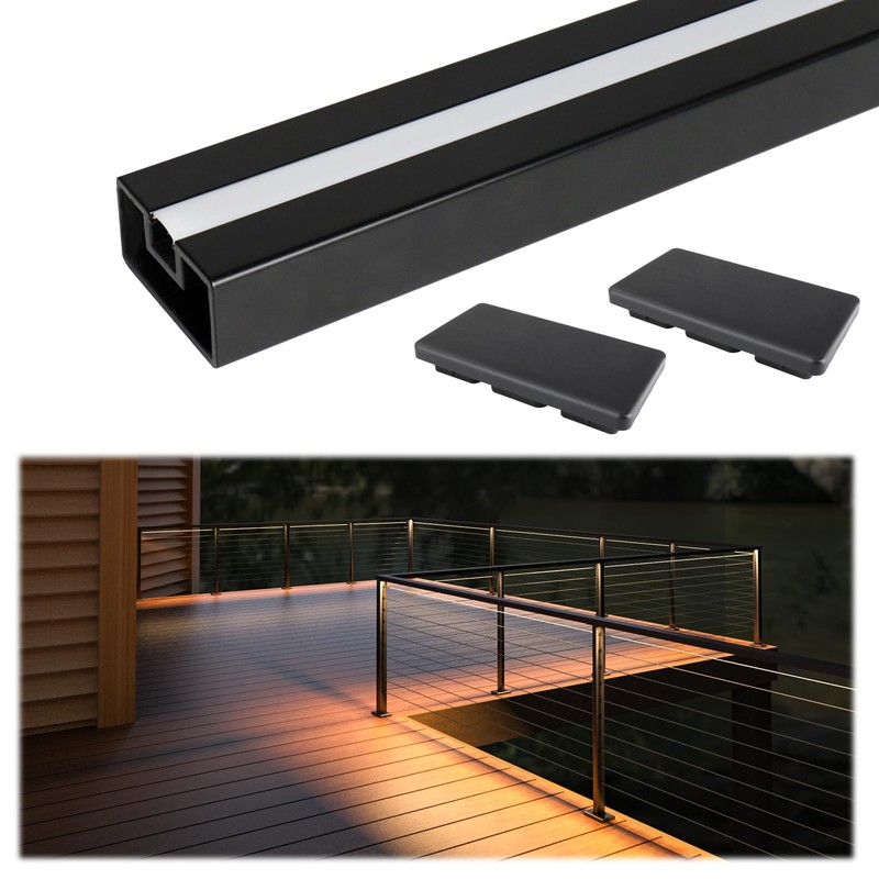 Muzata 6'6" Aluminum Black LED Handrail Rectangular Cable Railing Handrail