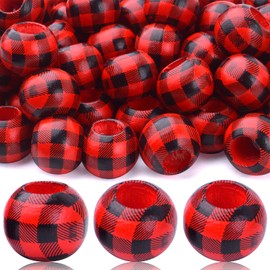 100pcs 20mm Plaid Wood Beads Large Hole Natural Wood Round Beads for Farmhouse Garden Wall Decoration DIY Jewelry Crafts Making(Red and Black)