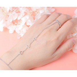 S925 Sterling Silver Finger Ring Link Heart Bracelet Hand Harness Attached Heart Adjustable Chain Set for Women Jewelry