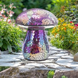Bshine Mushroom Garden Statue Decoration, Colorful Mosaic Mushroom Sculptures Home Decor, Outdoor Waterproof Handmade Glass for Yard, Path, Lawn Ornaments, Purple