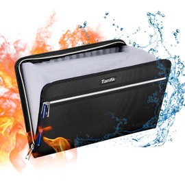 Tamfile Fireproof Waterproof Safe Expanding File Folder Accordion Document Organizer with 24 Pockets Portable Money File Bag Filing Holder and Lables/3Zippers A4 Letter Size (Black,14.3"9.8")