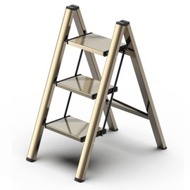 GameGem 3 Step Ladder, Folding Step Stool with Wider Pedal, Anti-Slip Feet & Non Slip Stripes, Aluminum Sturdy Material, 300Lbs Capacity, Elegant Look of Champagne Gold Better Matches Your Home