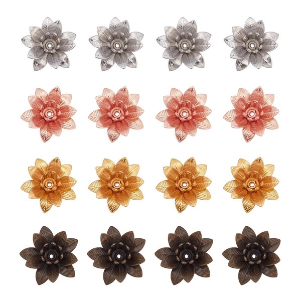 SUPERFINDINGS 64 Pcs Brass Bead Cap Flower Seat Washer Flower Shape Mixed Color Hollow Cap Antique Alloy Beads Watermark Parts Spacer Beads for Earrings DIY Flower Charm Accessory Parts Jewelry Craft Supplies Handmade 4 Colors