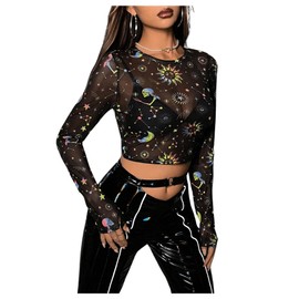 Floerns Women's Long Sleeve Crop Tops Galaxy Reflective Streetwear Mesh Tee Shirts Multicolor Small