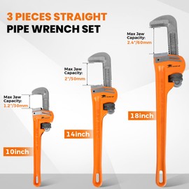 Forward 3pcs Pipe Wrench Set - 10", 14", 18" Heavy Duty Ductile Iron & Forged Steel Plumbing Wrench Hand Tools Kit