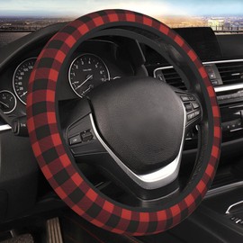 Red Buffalo Plaid Steering Wheel Cover for Men Women Auto Accessories Universal 15 Inch Anti-Slip Breathable Car Wheel Protector Covers