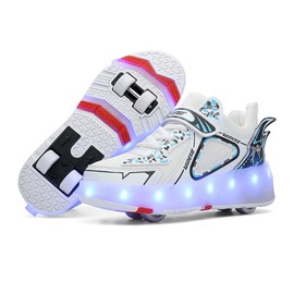 KSYVUCRD Kids Roller Skating Shoes LED Glow USB Charging Scalable Four Wheel Shoes Suitable for Roller Skating Beginner Boys Girls Birthday Gift,White Big Kid Size 1