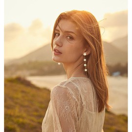 Long Pearl Dangle Earrings for Women 14K Gold Plated Sterling Silver Post Pearl Drop Tassel Earrings for Bridal Wedding, Stainless Steel Pearl, Cubic Zirconia Pearl