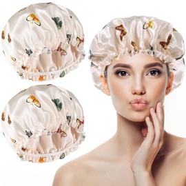 2 Pcs Satin Hair Bonnet for Sleeping | Elastic and Reusable Shower Hair Caps | Butterfly Printed Hat Shower Cap for Women, Bonnet for Curly Hair | Satin Silk Cap for Sleeping Women, (9.4”) Beige