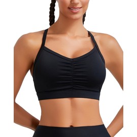 RUNNING GIRL Sports Bra for Women Ruched V Neck - Y Back Spaghetti Thin Strap Wireless Padded Medium Support Yoga Crop Top_WX3094_Black_S