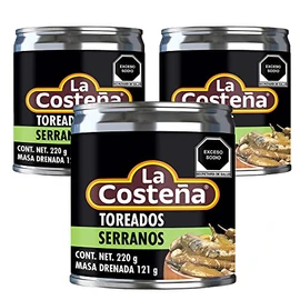 La Costena Serrano Toreados 220g (Pack 3) / Mexican Spicy Roasted Serrano Chilli Peppers In Can Multi Pack